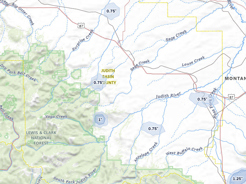 NEXRAD radar-signature map of the hail storm over Stanford, MT on Jul 1, 2026