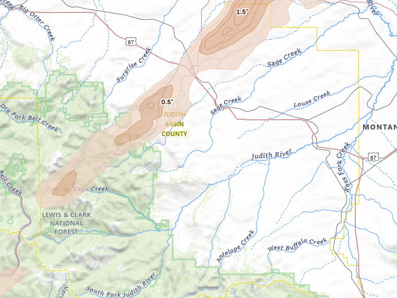 Radar-estimated hail-size map of the storm over Stanford, MT on Jul 5, 2026