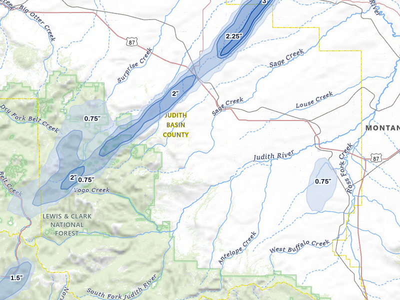 NEXRAD radar-signature map of the hail storm over Stanford, MT on Jul 5, 2026
