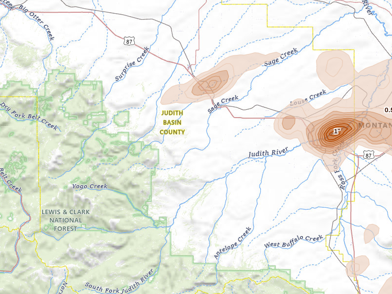 Radar-estimated hail-size map of the storm over Stanford, MT on Jul 14, 2026