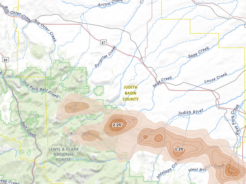 Radar-estimated hail-size map of the storm over Stanford, MT on Jul 16, 2026