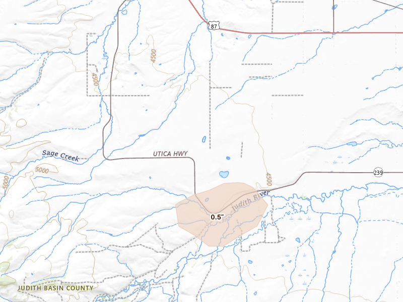 Radar-estimated hail-size map of the storm over Stanford, MT on Aug 17, 2026