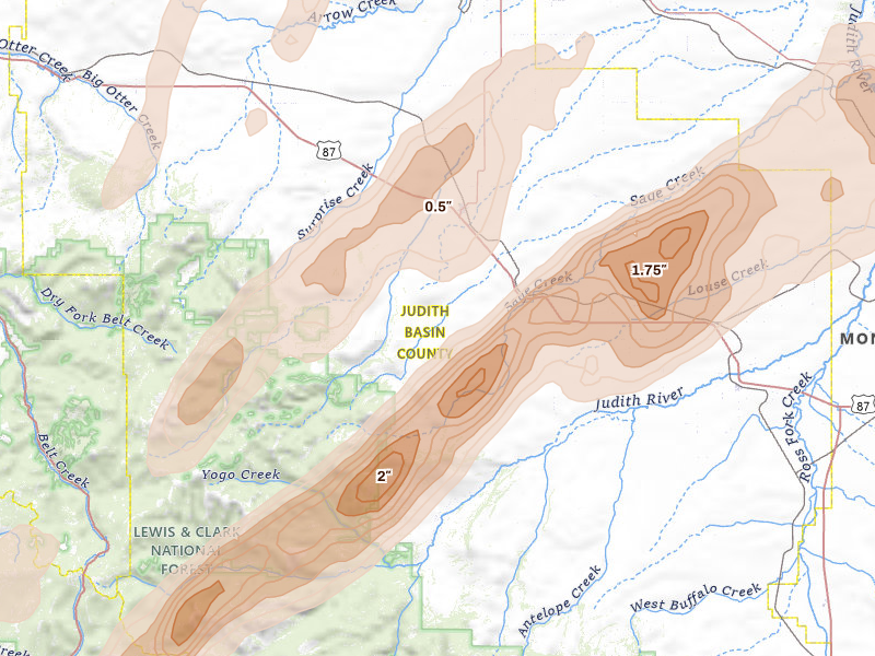 Radar-estimated hail-size map of the storm over Stanford, MT