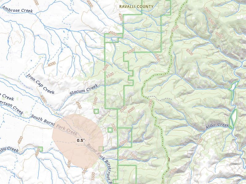 Radar-estimated hail-size map of the storm over Stevensville, MT on May 29, 2026