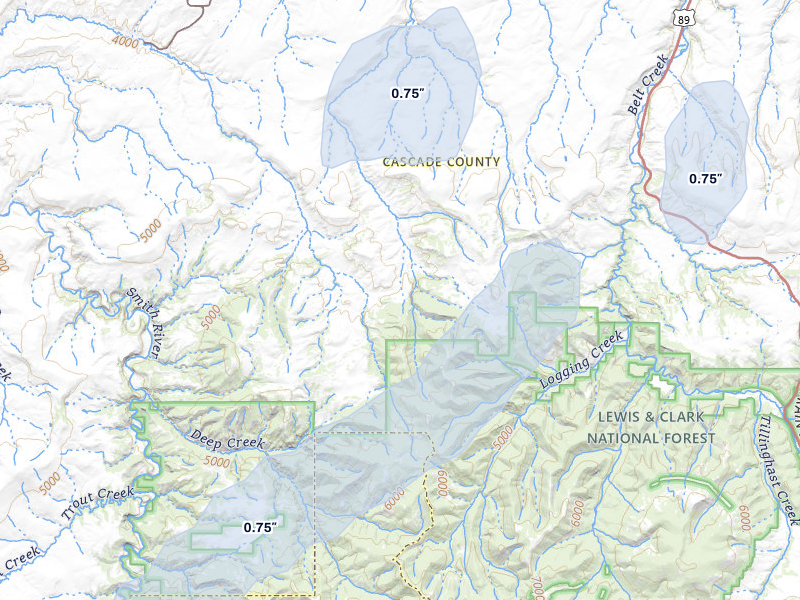 NEXRAD radar-signature map of the hail storm over Stockett, MT on Jul 25, 2026
