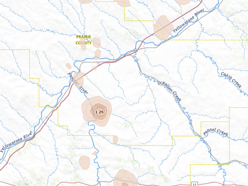 Radar-estimated hail-size map of the storm over Terry, MT on May 30, 2026