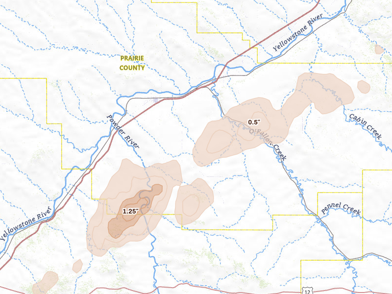 Radar-estimated hail-size map of the storm over Terry, MT on Jun 1, 2026