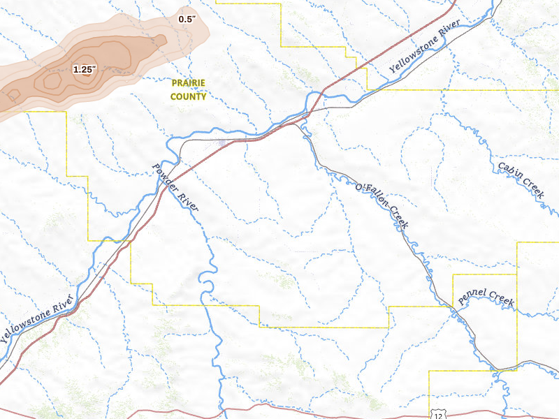 Radar-estimated hail-size map of the storm over Terry, MT on Jul 2, 2026