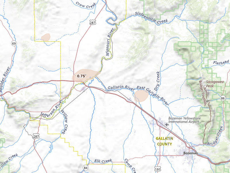 Radar-estimated hail-size map of the storm over Three Forks, MT on Jul 8, 2026