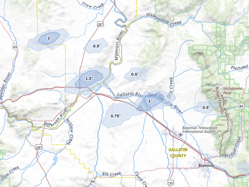 NEXRAD radar-signature map of the hail storm over Three Forks, MT on Jul 8, 2026