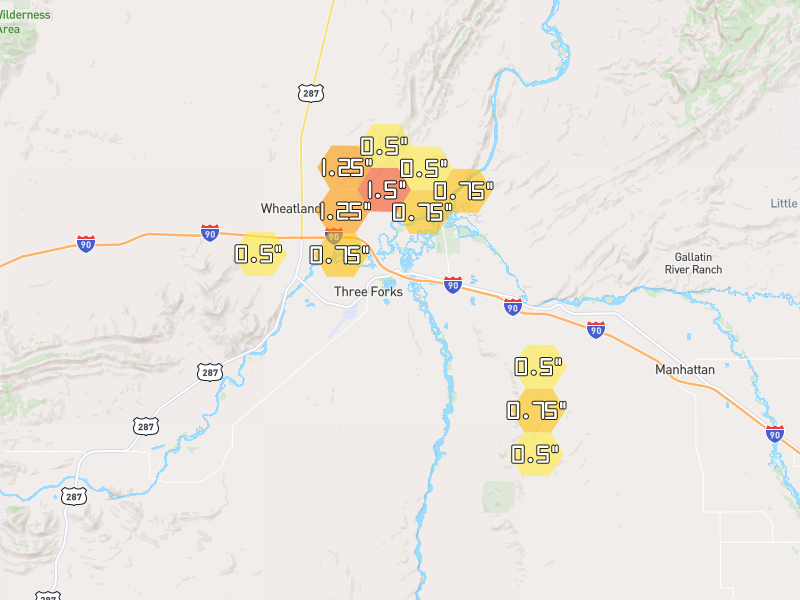 Hail map of Three Forks, MT on Jul 8, 2026, hail up to 1.5"