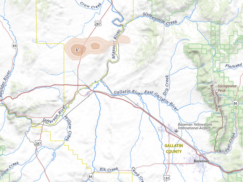Radar-estimated hail-size map of the storm over Three Forks, MT on Jul 16, 2026