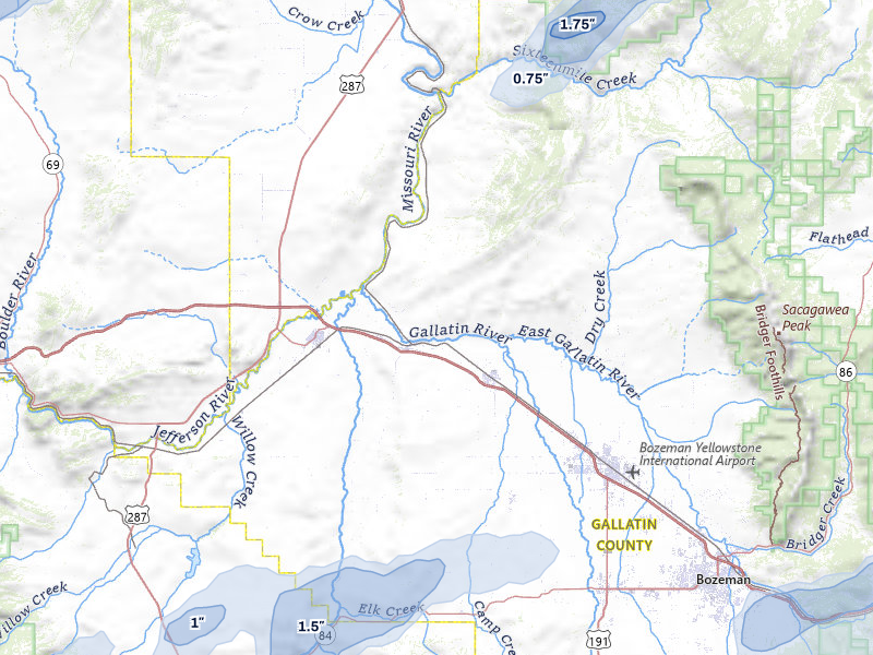 NEXRAD radar-signature map of the hail storm over Three Forks, MT on Jul 25, 2026