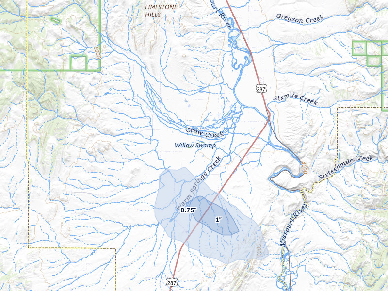 NEXRAD radar-signature map of the hail storm over Toston, MT on May 27, 2026
