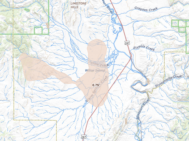 Radar-estimated hail-size map of the storm over Toston, MT on May 28, 2026