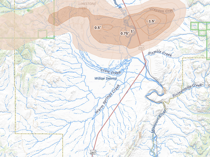 Radar-estimated hail-size map of the storm over Toston, MT on Jul 25, 2026
