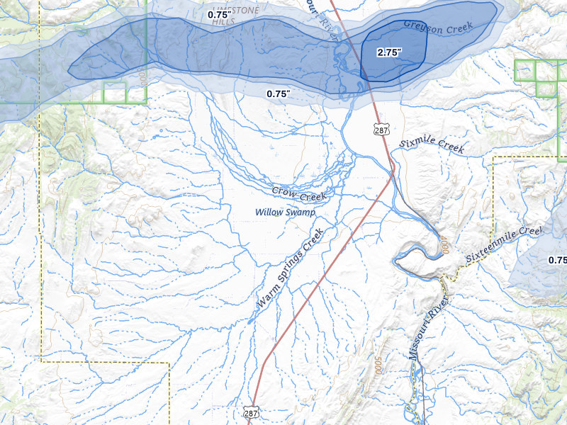 NEXRAD radar-signature map of the hail storm over Toston, MT on Jul 25, 2026