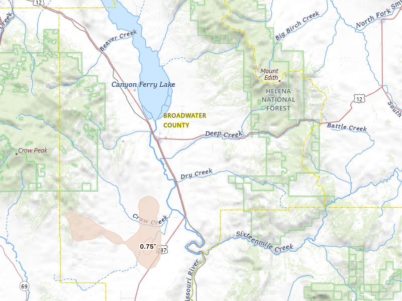 Radar-estimated hail-size map of the storm over Townsend, MT on May 28, 2026