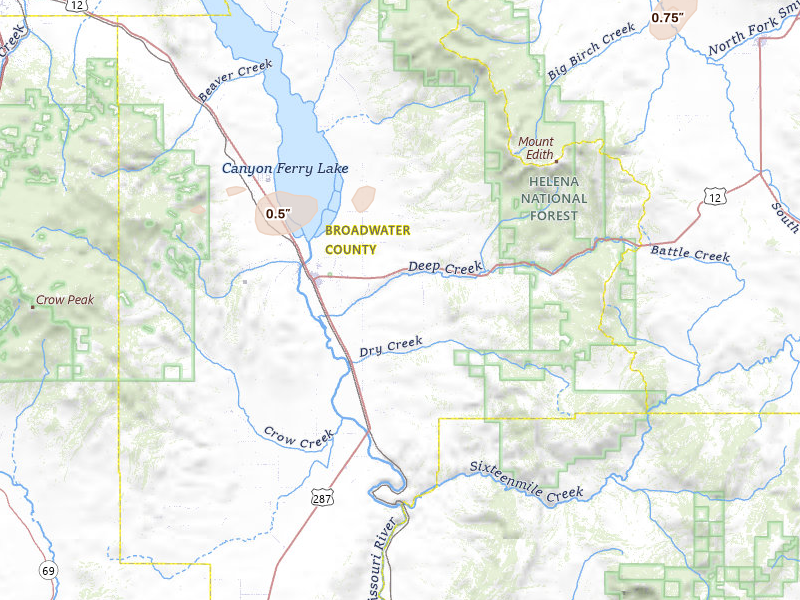 Radar-estimated hail-size map of the storm over Townsend, MT on Jul 1, 2026