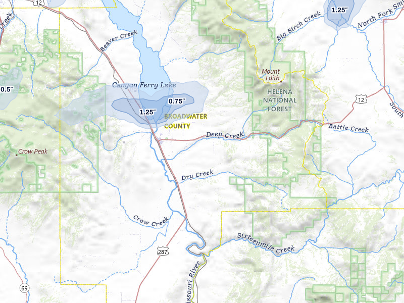 NEXRAD radar-signature map of the hail over Townsend, MT
