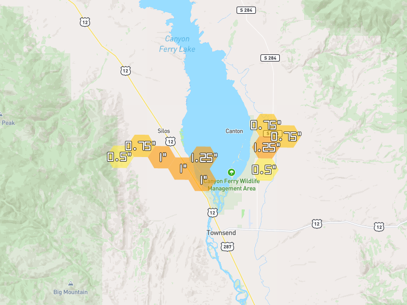 Hail map of Townsend, MT on Jul 1, 2026, hail up to 1.25"