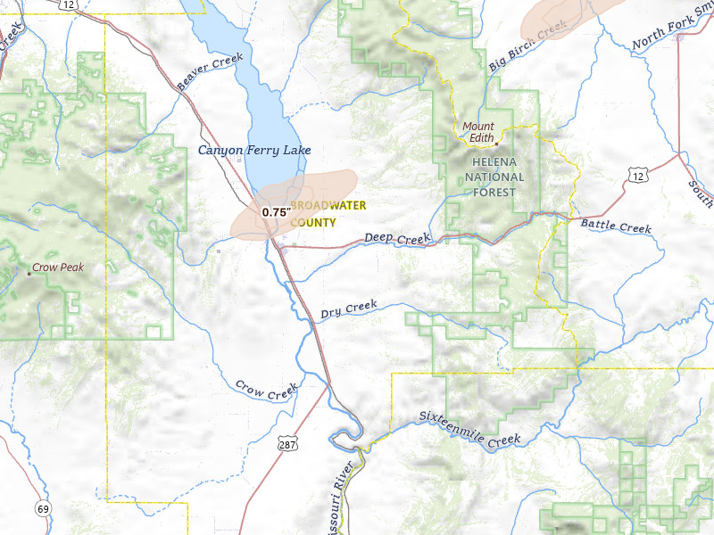 Radar-estimated hail-size map of the storm over Townsend, MT on Jul 5, 2026