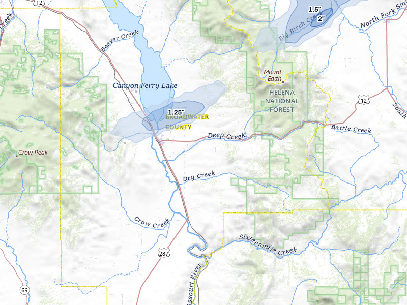 NEXRAD radar-signature map of the hail storm over Townsend, MT on Jul 5, 2026