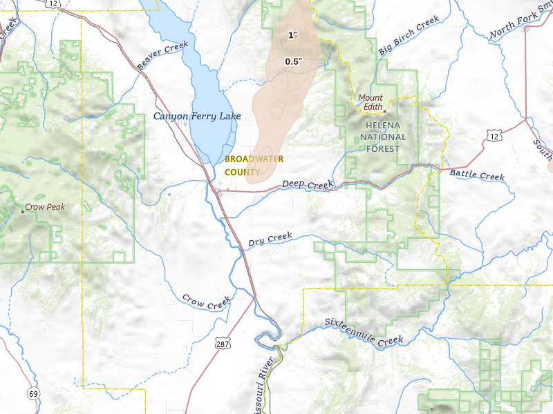 Radar-estimated hail-size map of the storm over Townsend, MT on Jul 17, 2026