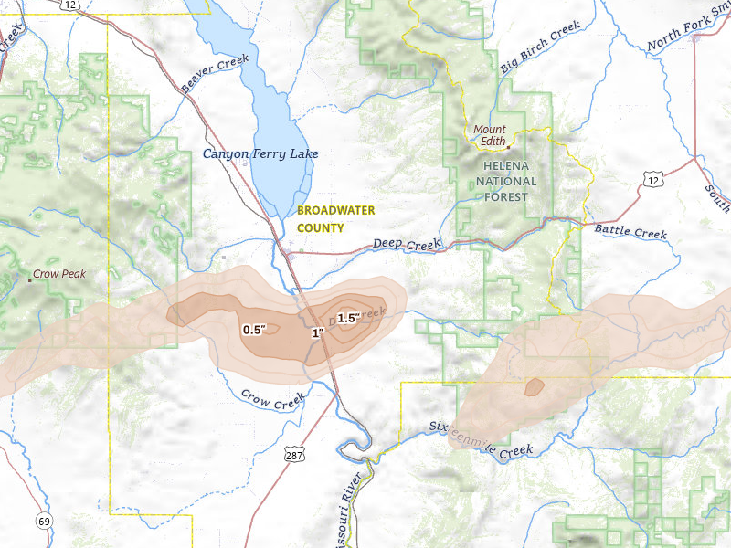 Radar-estimated hail-size map of the storm over Townsend, MT on Jul 25, 2026