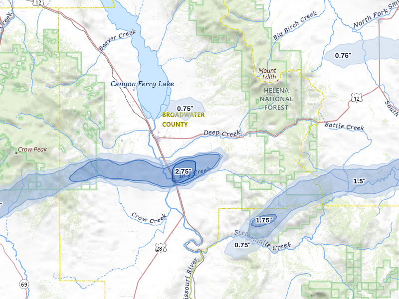 NEXRAD radar-signature map of the hail storm over Townsend, MT on Jul 25, 2026