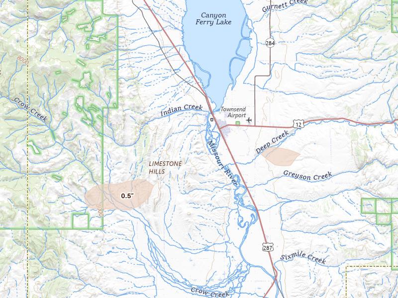 Radar-estimated hail-size map of the storm over Townsend, MT on Aug 18, 2026