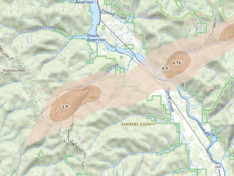 Radar-estimated hail-size map of the storm over Trout Creek, MT on Jul 16, 2026