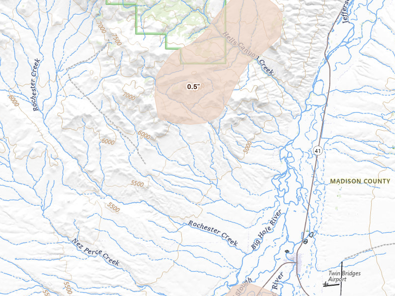 Radar-estimated hail-size map of the storm over Twin Bridges, MT on Jul 25, 2026