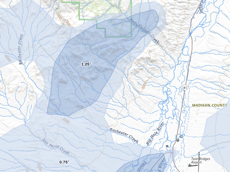 NEXRAD radar-signature map of the hail storm over Twin Bridges, MT on Jul 25, 2026