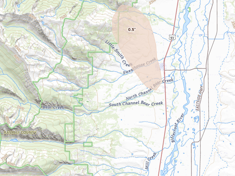 Radar-estimated hail-size map of the storm over Victor, MT on May 27, 2026