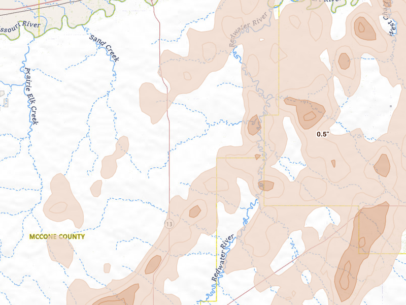 Radar-estimated hail-size map of the storm over Vida, MT on Jun 6, 2026