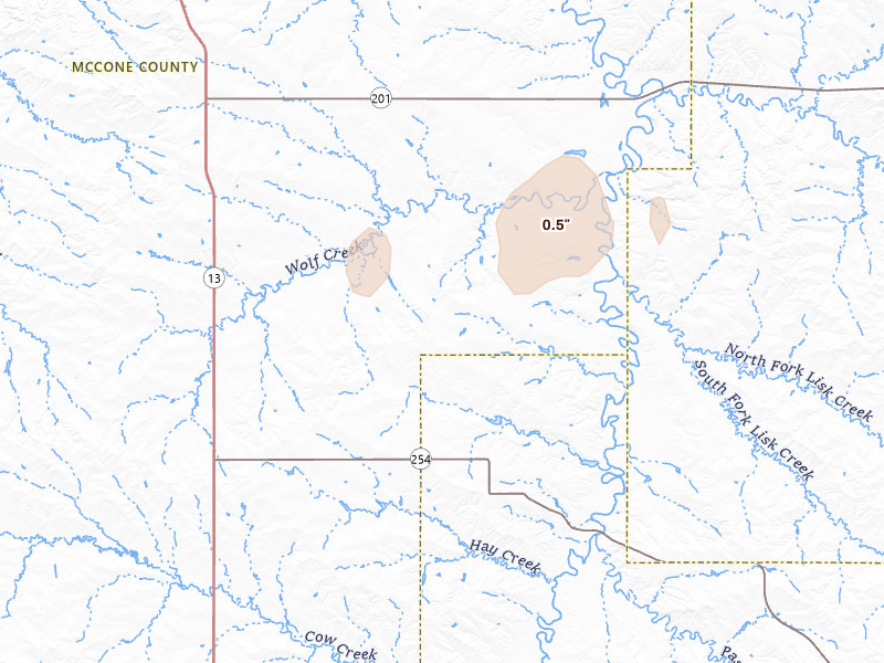 Radar-estimated hail-size map of the storm over Vida, MT on Sep 2, 2026