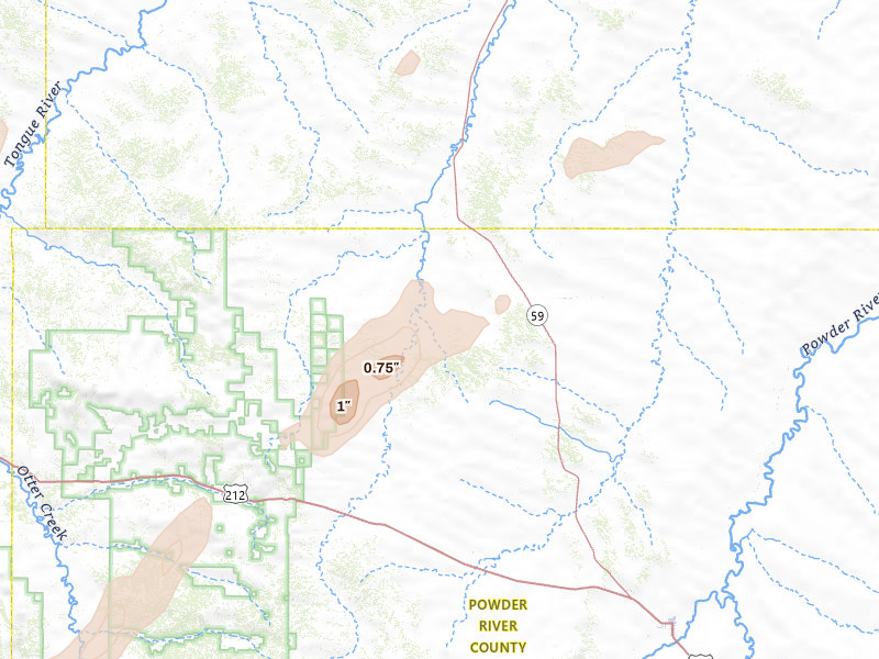 Radar-estimated hail-size map of the storm over Volborg, MT on Jun 1, 2026