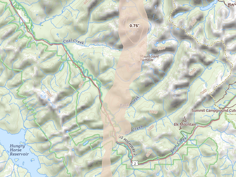 Radar-estimated hail-size map of the storm over West Glacier, MT on Sep 2, 2026