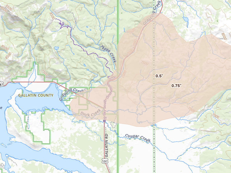 Radar-estimated hail-size map of the storm over West Yellowstone, MT on Aug 23, 2026