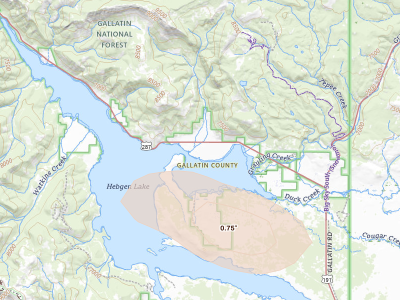 Radar-estimated hail-size map of the storm over West Yellowstone, MT on Aug 25, 2026