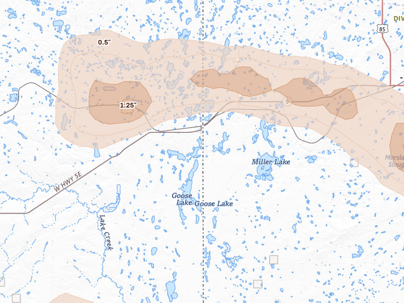 Radar-estimated hail-size map of the storm over Westby, MT on Jul 2, 2026