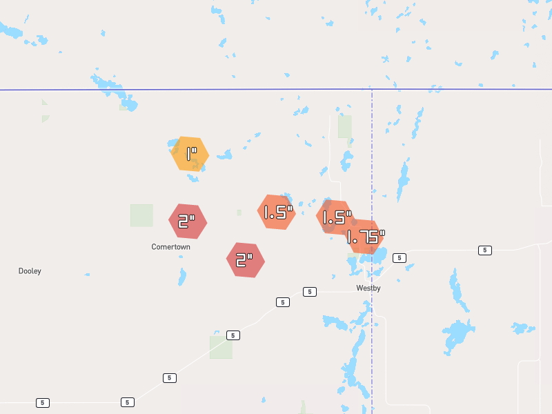Hail map of Westby, MT on Jul 3, 2026, hail up to 2"