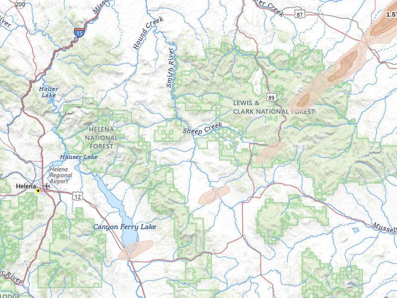 Radar-estimated hail-size map of the storm over White Sulphur Springs, MT on Jul 5, 2026