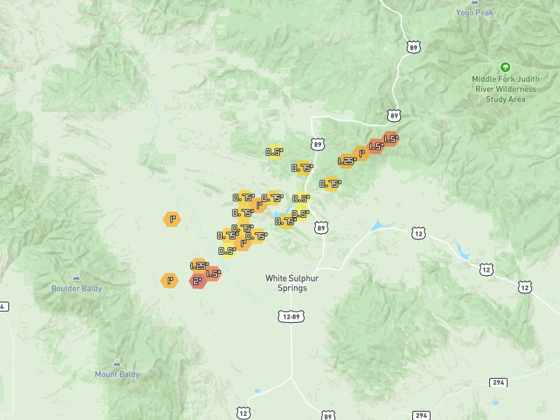 Hail map of White Sulphur Springs, MT on Jul 5, 2026, hail up to 2"