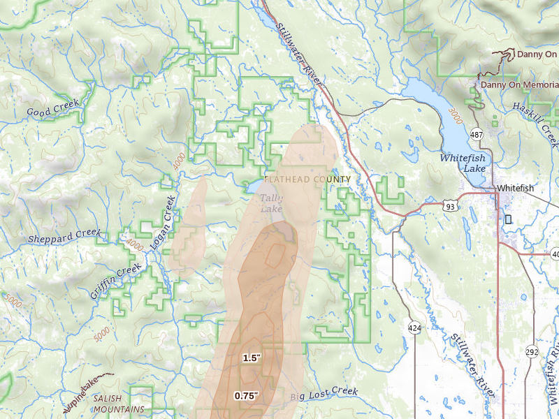Radar-estimated hail-size map of the storm over Whitefish, MT on Jul 17, 2026