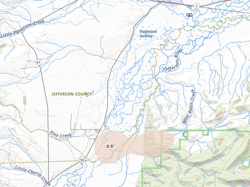 Radar-estimated hail-size map of the storm over Whitehall, MT on Jul 8, 2026