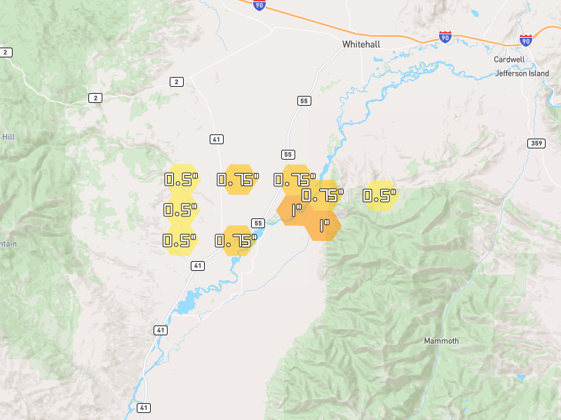Hail map of Whitehall, MT on Jul 8, 2026, hail up to 1"