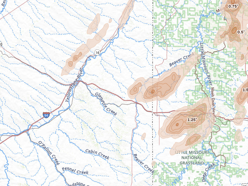 Radar-estimated hail-size map of the storm over Wibaux, MT on Jun 7, 2026
