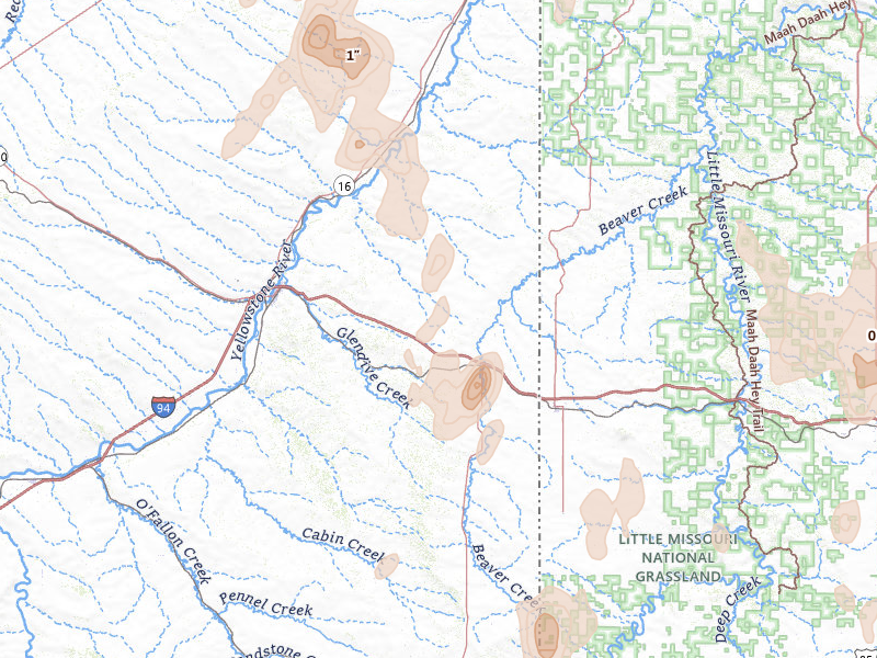 Radar-estimated hail-size map of the storm over Wibaux, MT on Jun 27, 2026